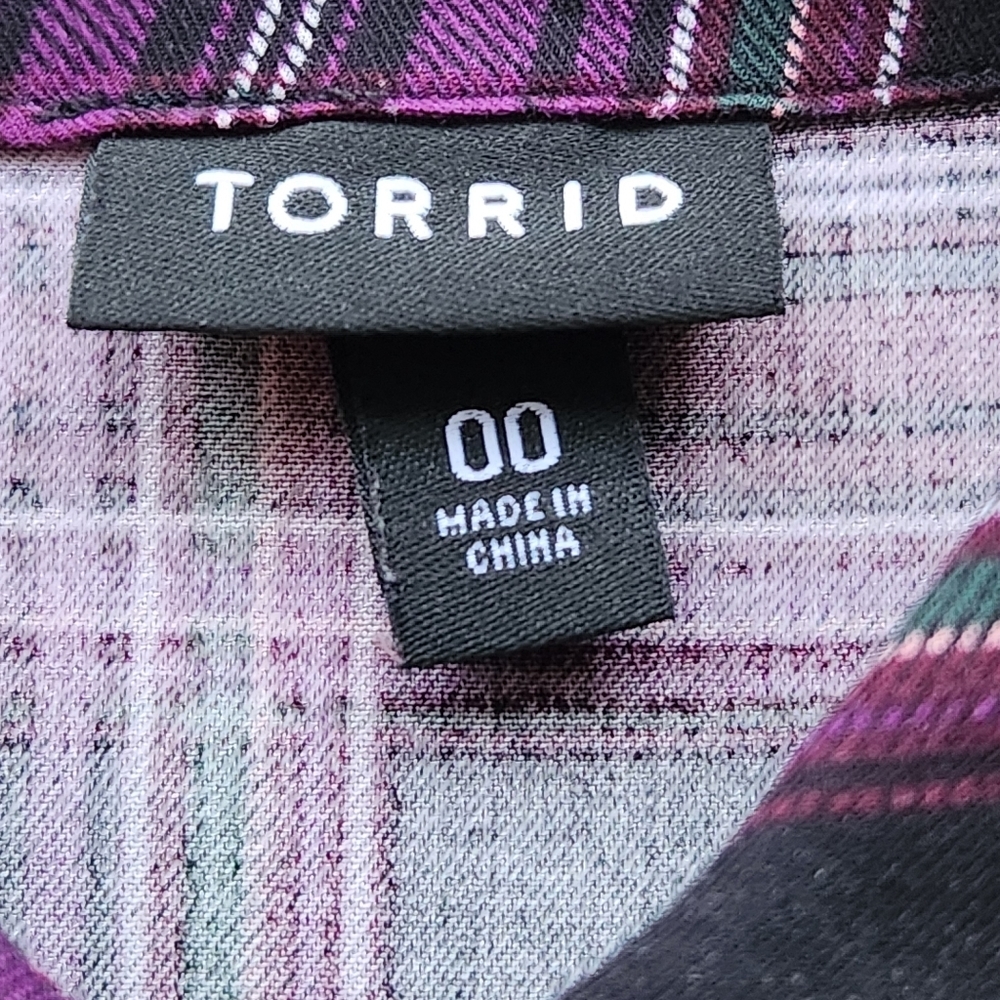Torrid Dress Women's 00 Medium Purple Black Plaid Long Sleeve Challis No Belt - Picture 3 of 10